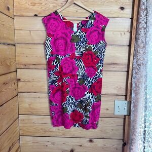 Vintage Shift Dress Women Medium Pink Rose Floral Leopard Zebra Print Handmade